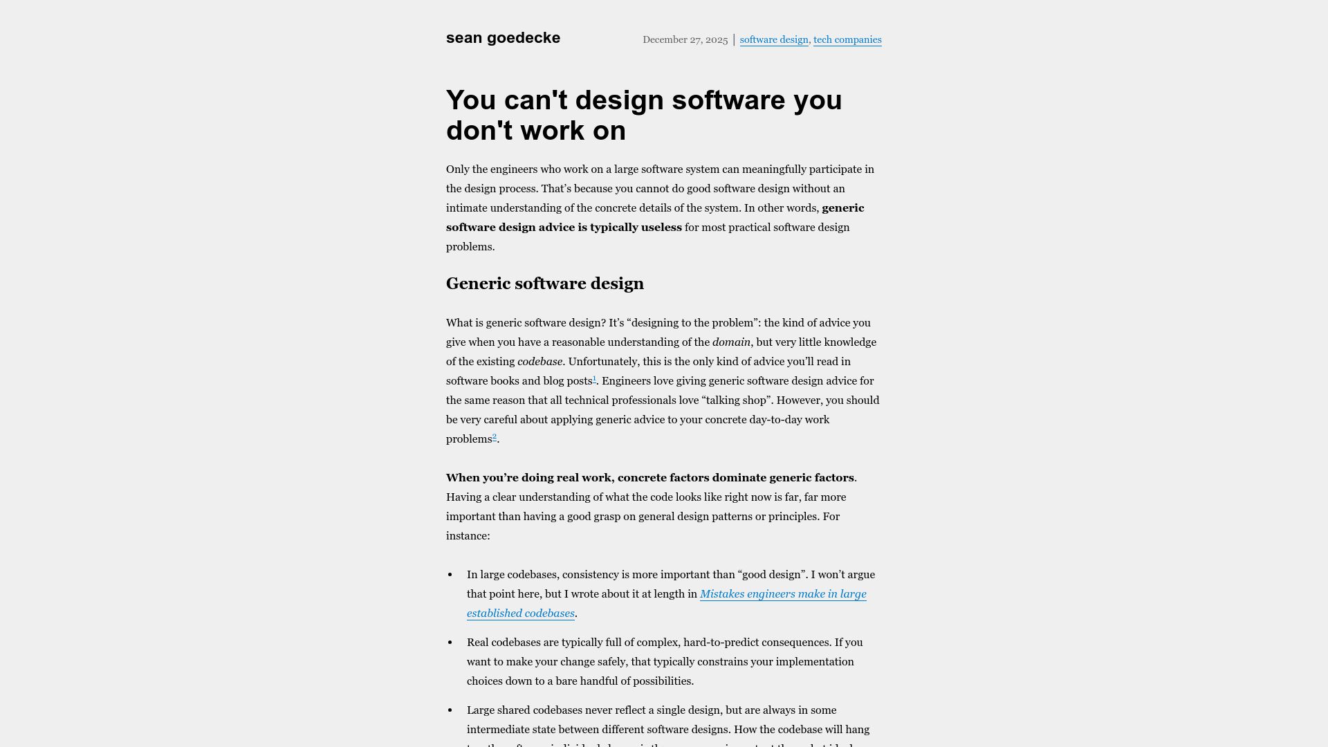 Screenshot of seangoedecke.com: You can't design software you don't work on