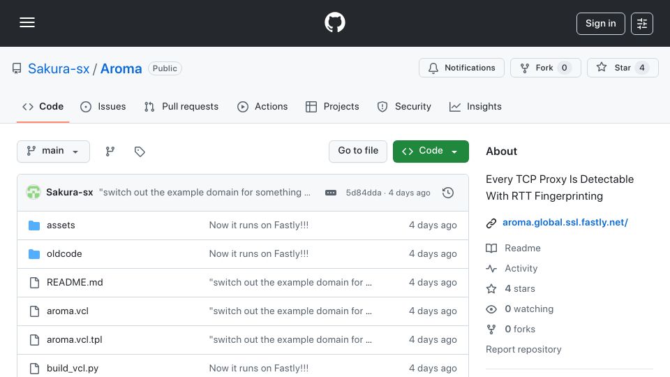 Screenshot of github.com: Show HN: Aroma: Every TCP Proxy Is Detectable with RTT Fingerprinting