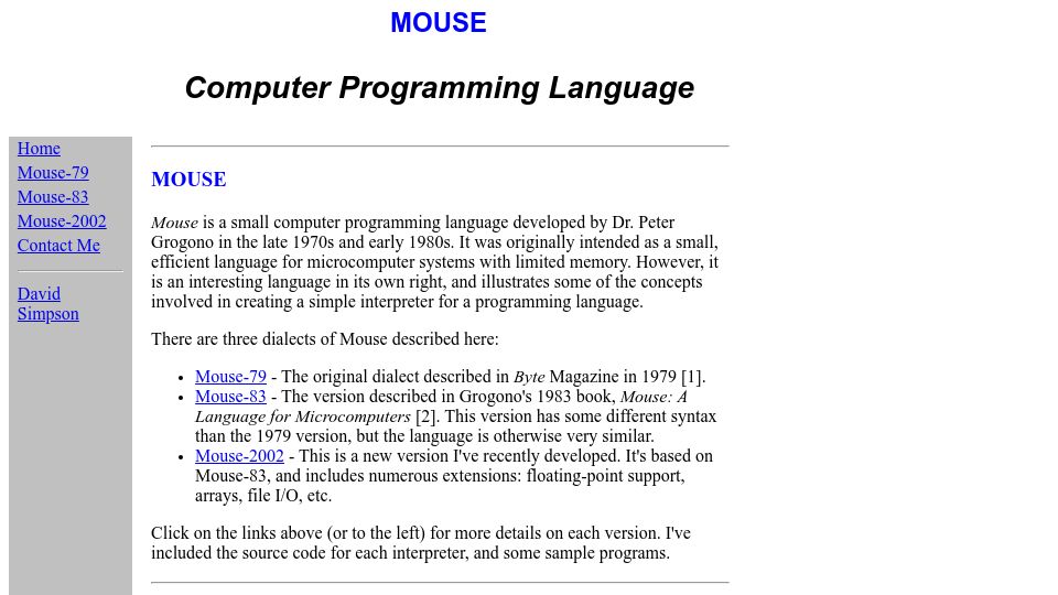 Screenshot of mouse.davidgsimpson.com: Mouse: Computer Programming Language (2006)