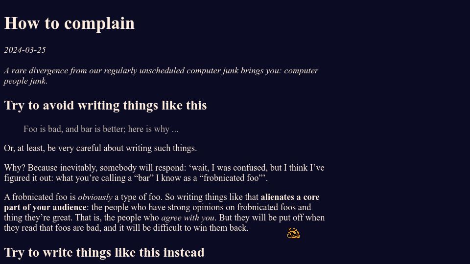 Screenshot of outerproduct.net: How to complain (2024)
