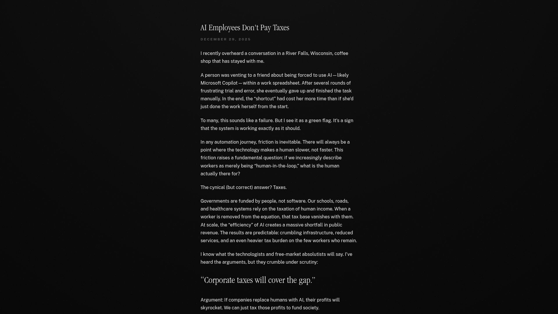 Screenshot of alec.is: AI Employees Don't Pay Taxes
