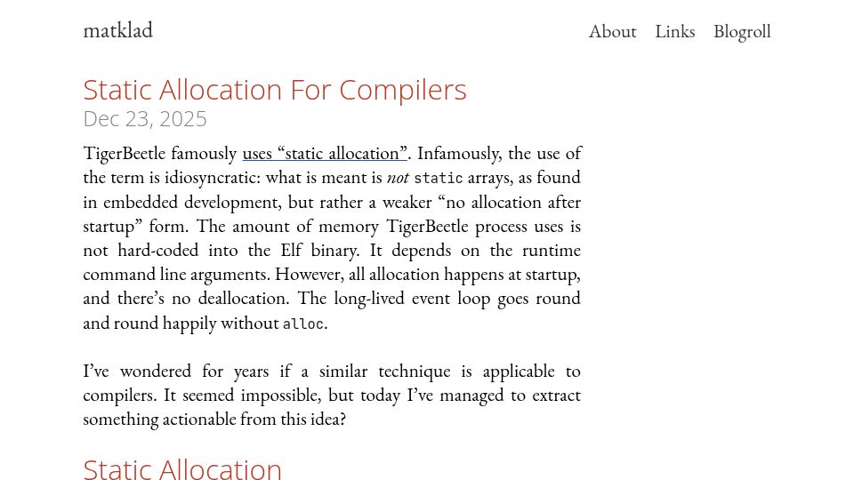 Screenshot of matklad.github.io: Static Allocation for Compilers