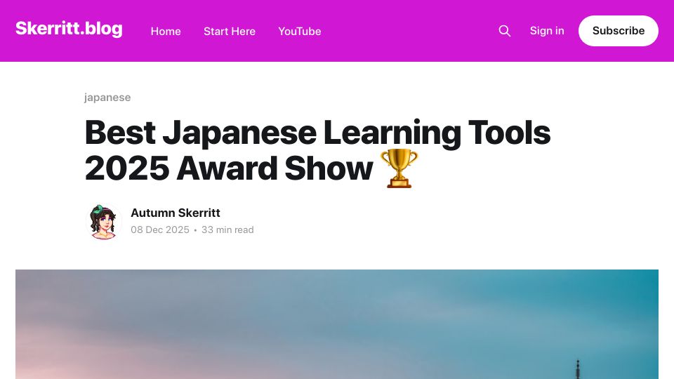 Screenshot of skerritt.blog: Show HN: My app just won best iOS Japanese learning tool of 2025 award (blog)