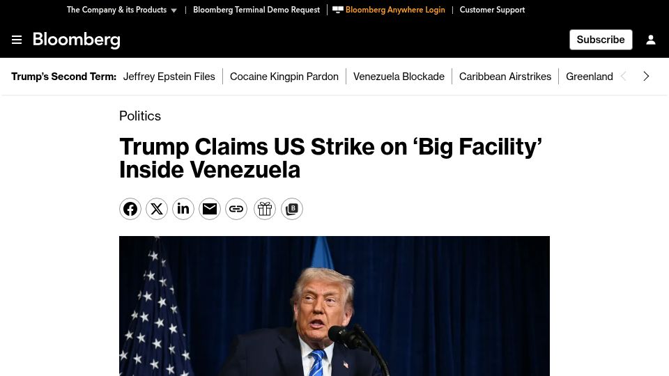 Screenshot of bloomberg.com: US Confirms Strike on 'Big Facility' Inside Venezuela