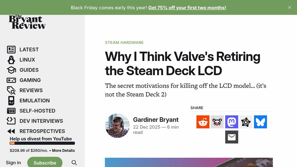 Screenshot of gardinerbryant.com: Why I think Valve’s retiring the Steam Deck LCD