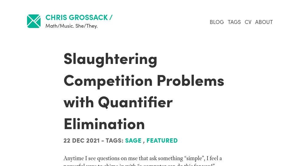 Screenshot of grossack.site: Slaughtering Competition Problems with Quantifier Elimination (2021)