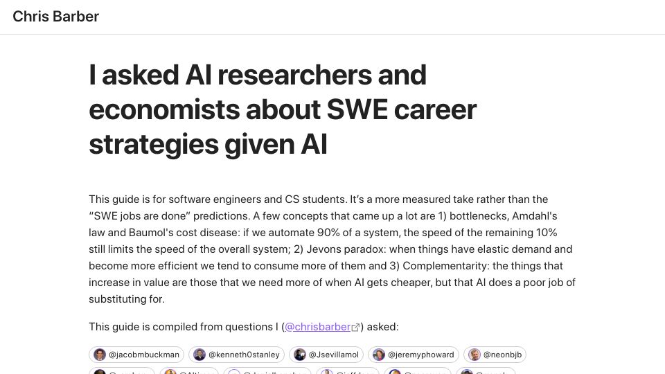 Screenshot of chrisbarber.co: I asked AI researchers and economists about SWE career strategies given AI