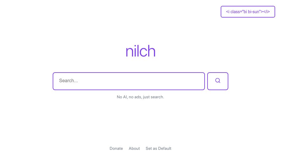 Screenshot of nilch.org: Show HN: My not-for-profit search engine with no ads, no AI, & all DDG bangs