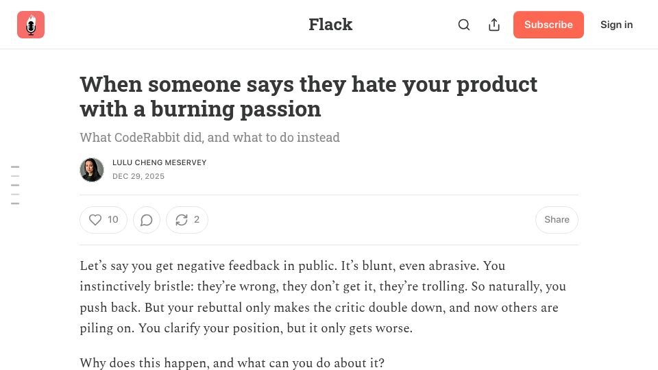 Screenshot of getflack.com: When someone says they hate your product