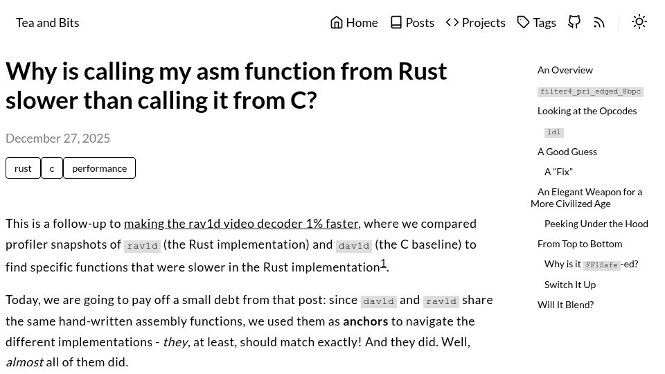 Screenshot of ohadravid.github.io: Why is calling my asm function from Rust slower than calling it from C?