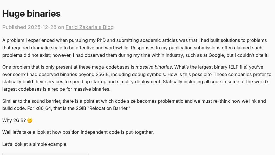 Screenshot of fzakaria.com: Huge Binaries