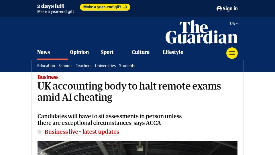 Screenshot of theguardian.com: UK accounting body to halt remote exams amid AI cheating
