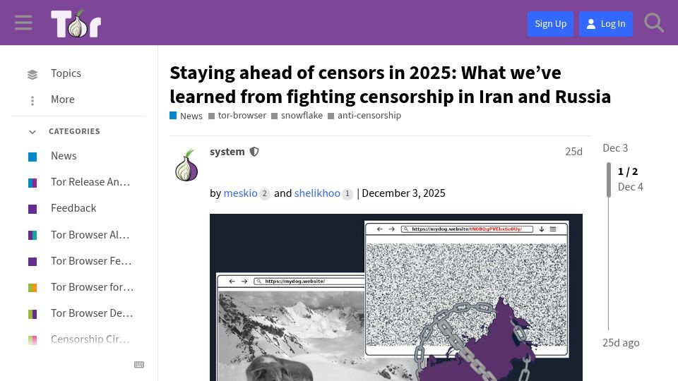 Screenshot of forum.torproject.org: Staying ahead of censors in 2025