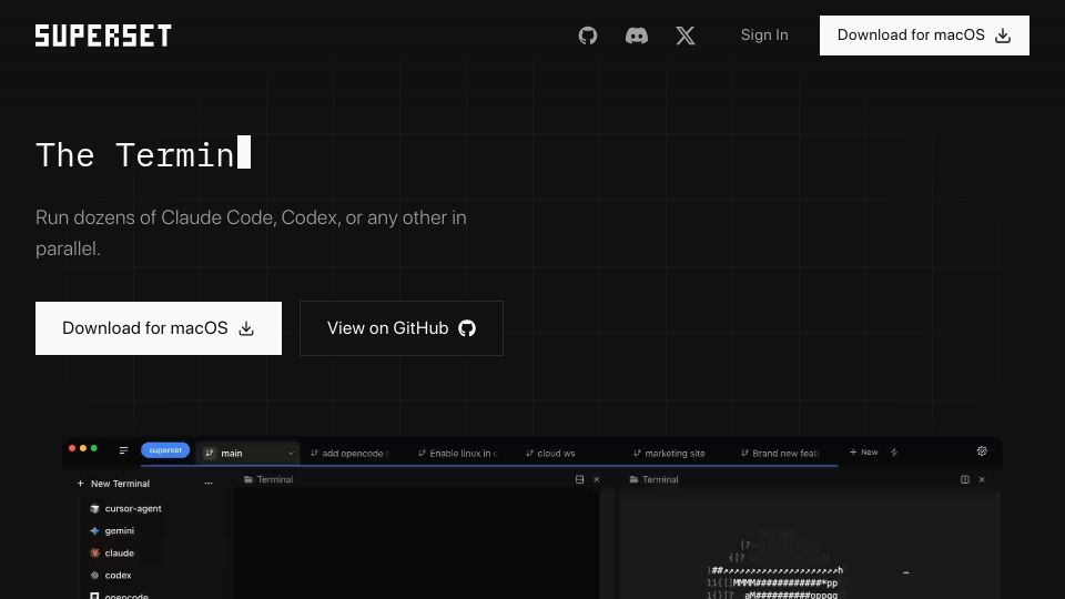 Screenshot of superset.sh: Show HN: Superset – Terminal to run 10 parallel coding agents