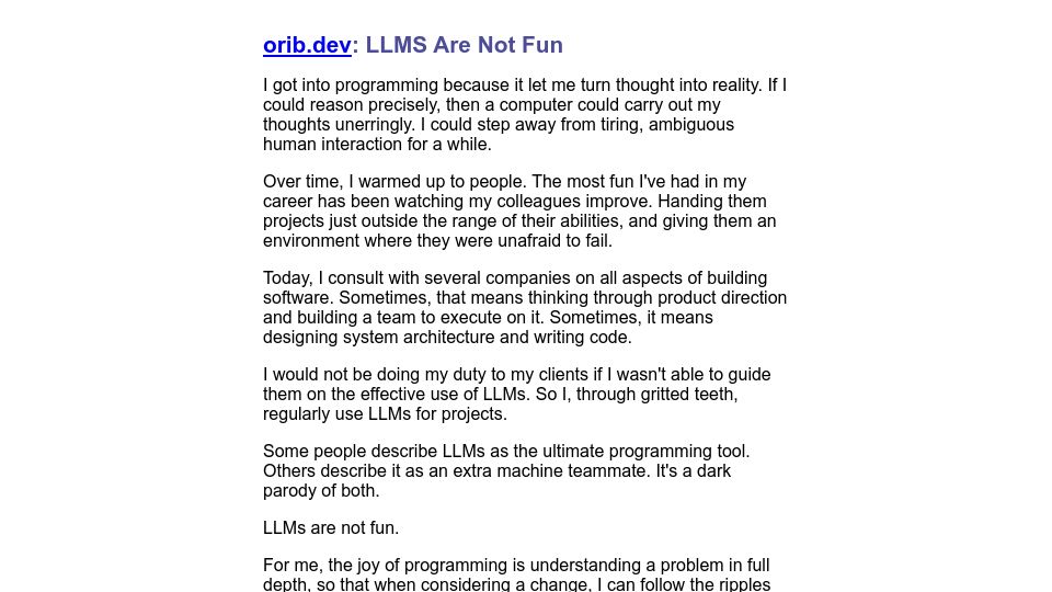 Screenshot of orib.dev: LLMs Are Not Fun