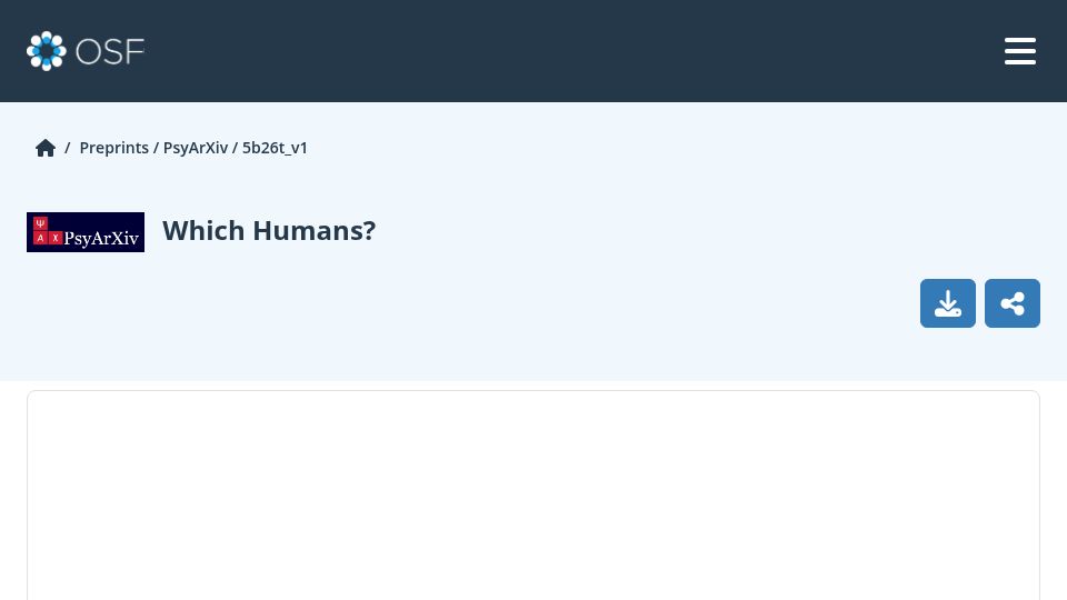 Screenshot of osf.io: Which Humans? (2023)