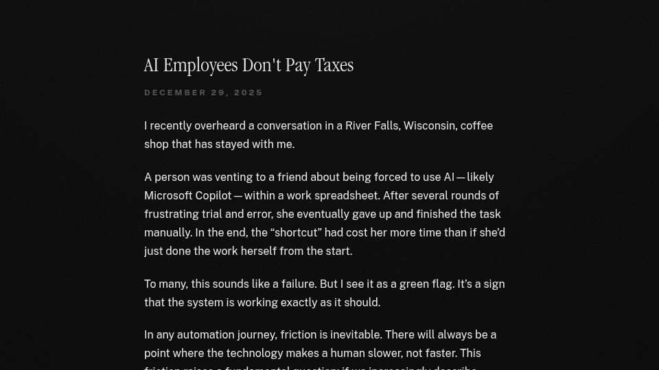 Screenshot of alec.is: AI Employees Don't Pay Taxes