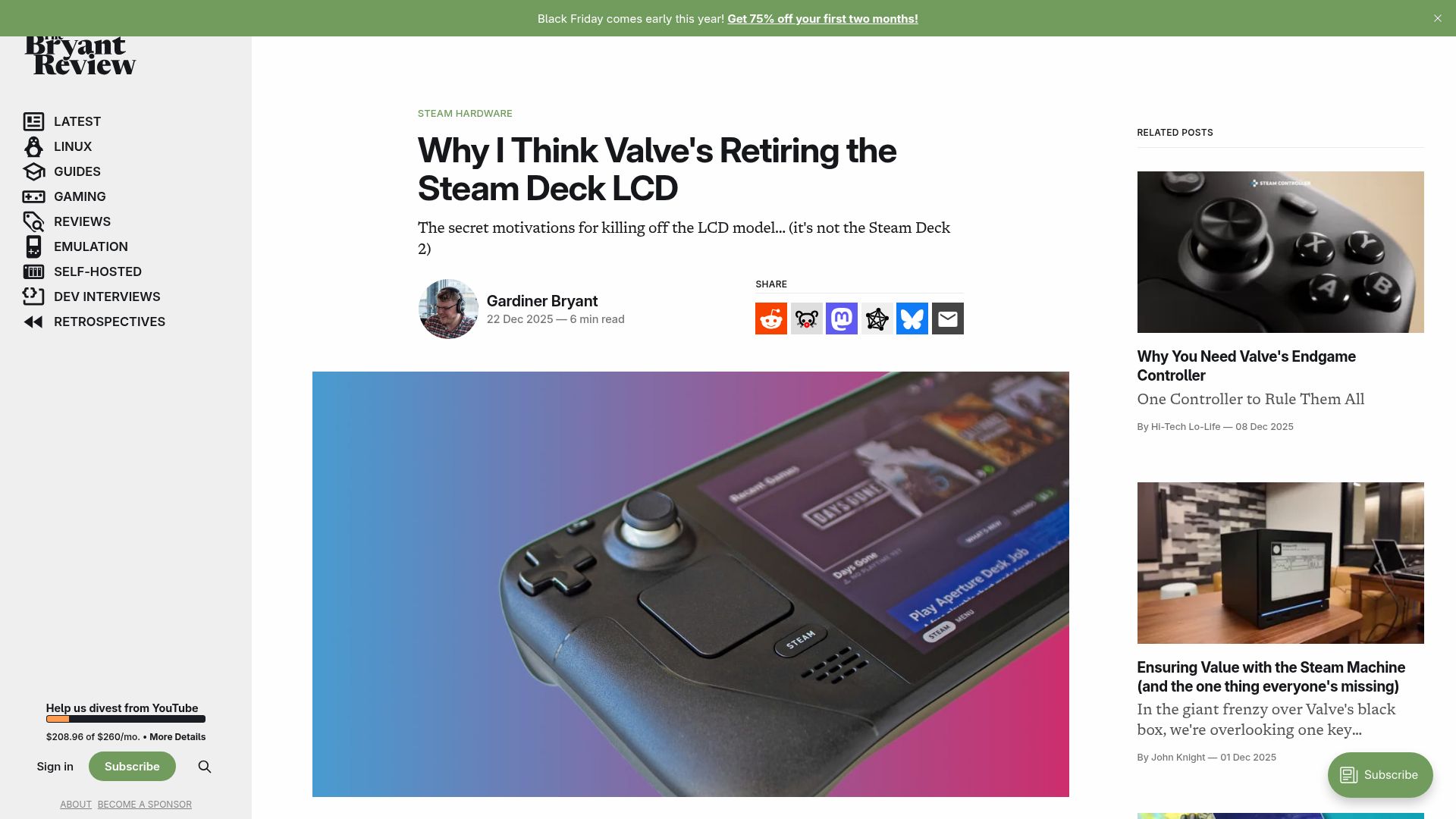 Screenshot of gardinerbryant.com: Why I think Valve’s retiring the Steam Deck LCD