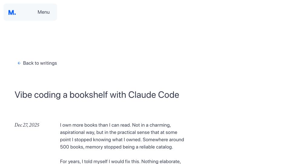 Screenshot of balajmarius.com: Show HN: Vibe coding a bookshelf with Claude Code