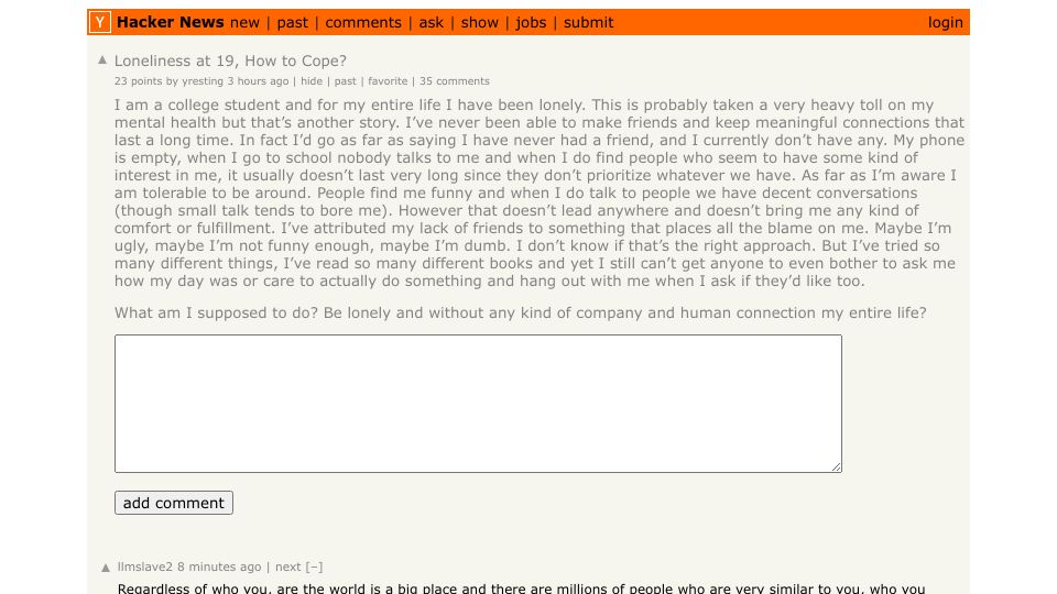 Screenshot of Hacker News post: Loneliness at 19, How to Cope?