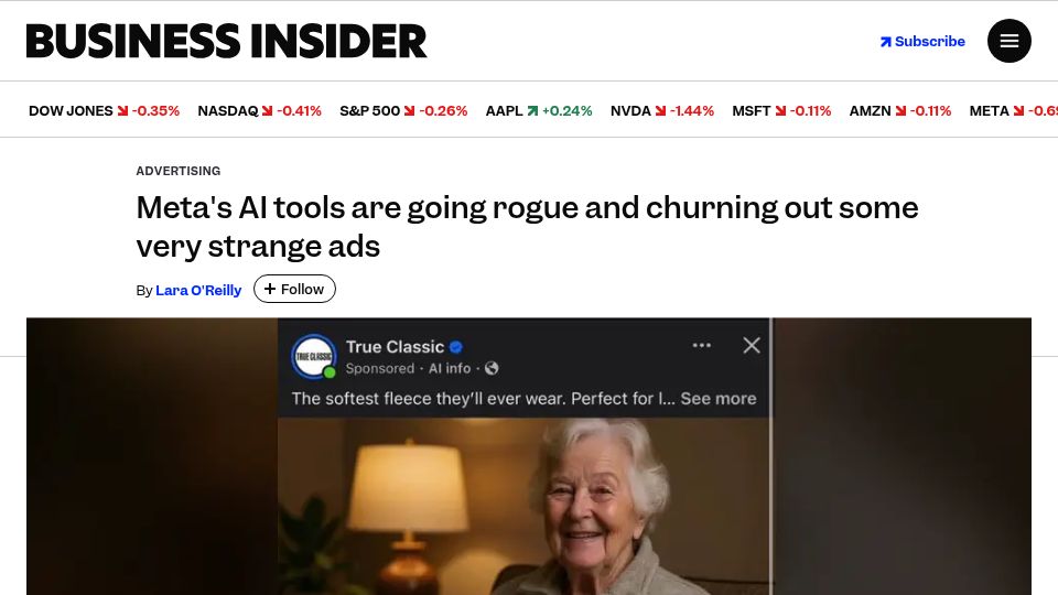 Screenshot of businessinsider.com: Meta's ads tools started switching out top-performing ads with AI-generated ones