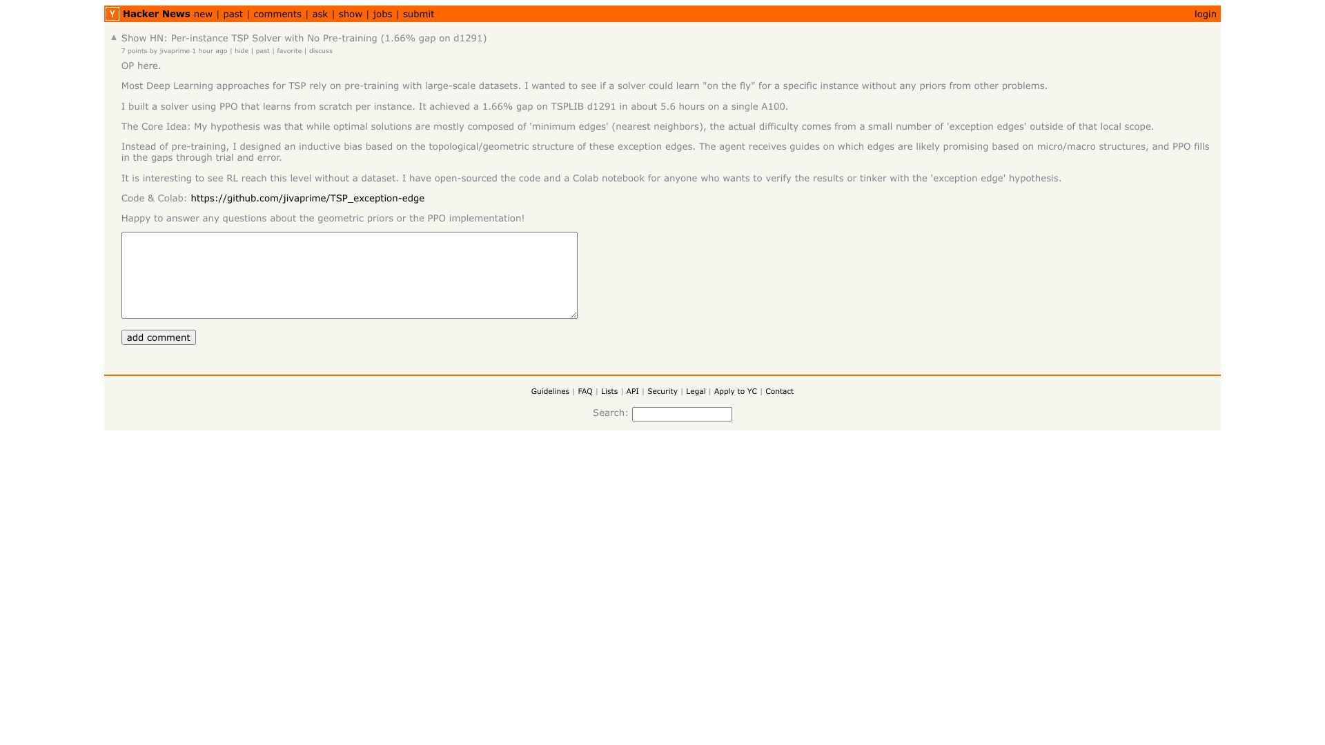 Screenshot of this Hacker News post: Show HN: Per-instance TSP Solver with No Pre-training (1.66% gap on d1291)