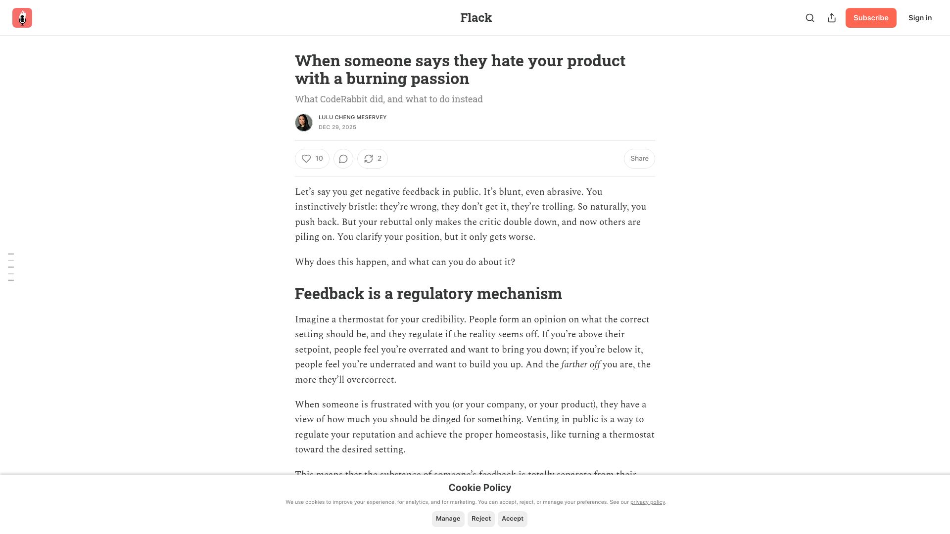 Screenshot of getflack.com: When someone says they hate your product