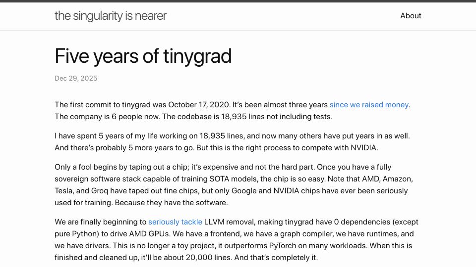 Screenshot of geohot.github.io: Five Years of Tinygrad