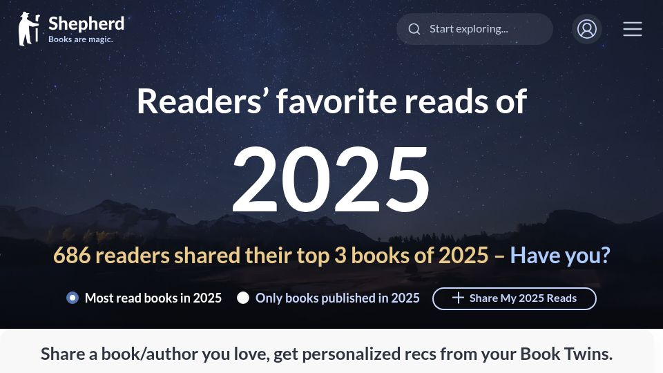 Screenshot of shepherd.com: Show HN: See what readers who loved your favorite book/author also loved to read