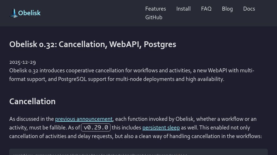 Screenshot of obeli.sk: Obelisk 0.32: Cancellation, WebAPI, Postgres