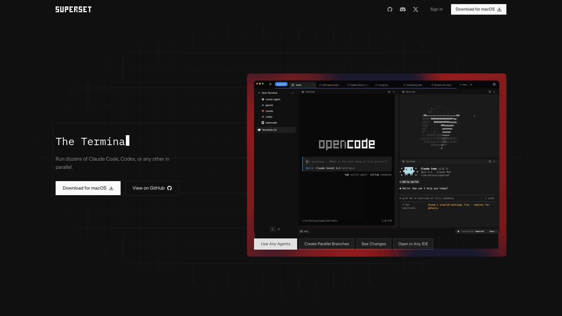 Screenshot of superset.sh: Show HN: Superset – Terminal to run 10 parallel coding agents