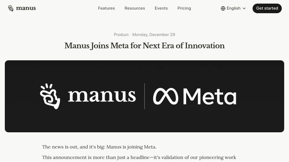 Screenshot of manus.im: ManusAI Joins Meta