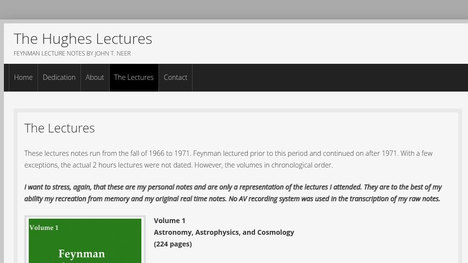 Screenshot of thehugheslectures.info: Feynman's Hughes Lectures: 950 pages of notes