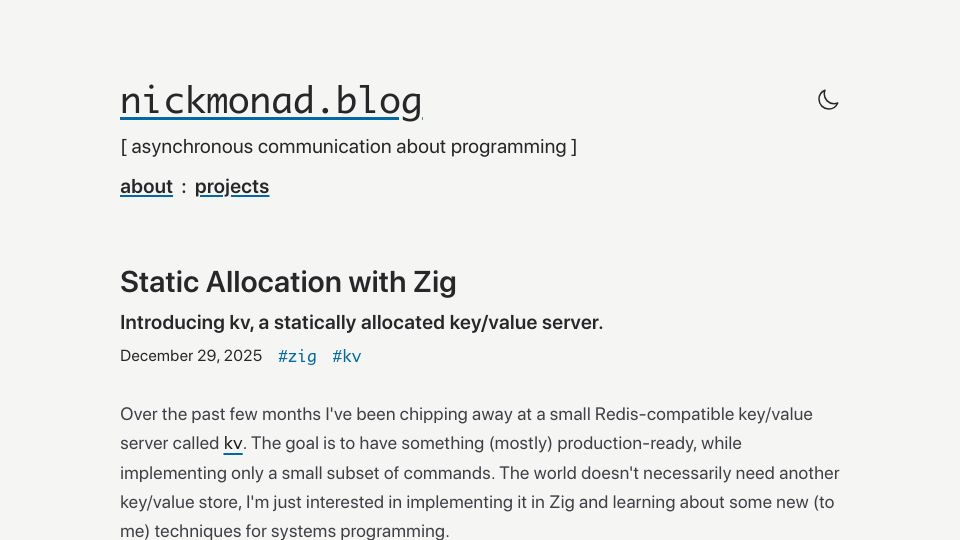 Screenshot of nickmonad.blog: Static Allocation with Zig