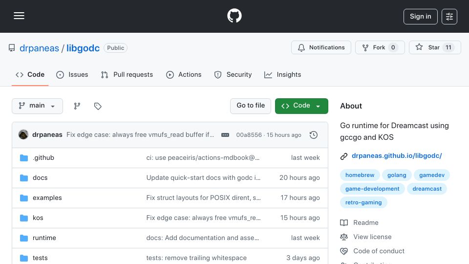 Screenshot of github.com: Libgodc: Write Go Programs for Sega Dreamcast
