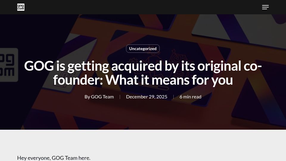 Screenshot of gog.com: GOG is getting acquired by its original co-founder