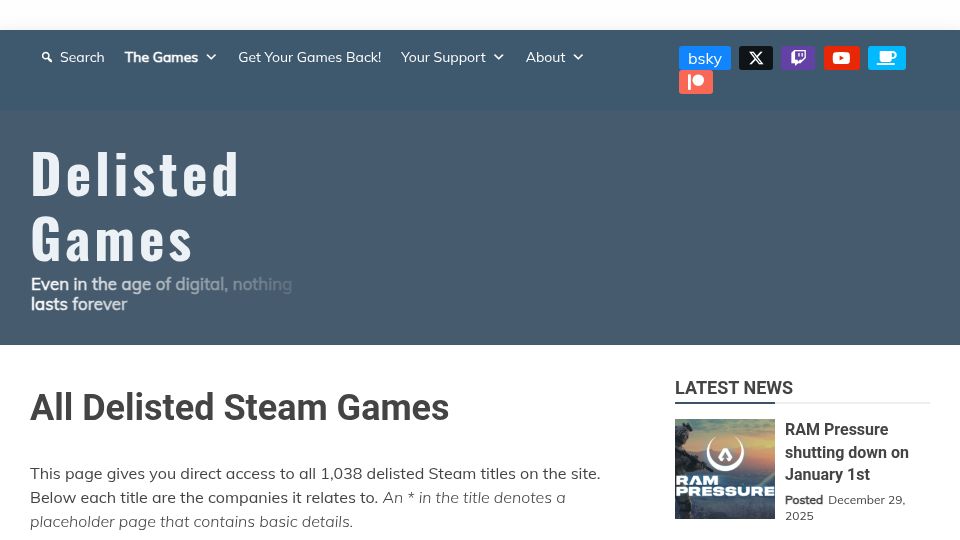 Screenshot of delistedgames.com: All Delisted Steam Games