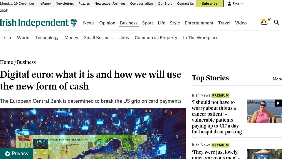 Screenshot of independent.ie: EU to build no-fee payments service like Visa/Mastercard and Apple/Google Pay