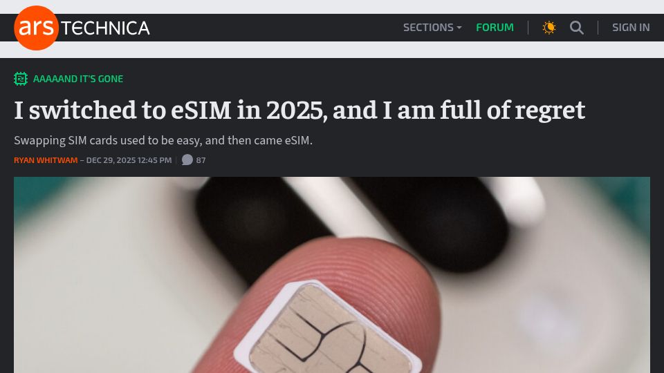 Screenshot of arstechnica.com: Swapping SIM cards used to be easy, and then came eSIM