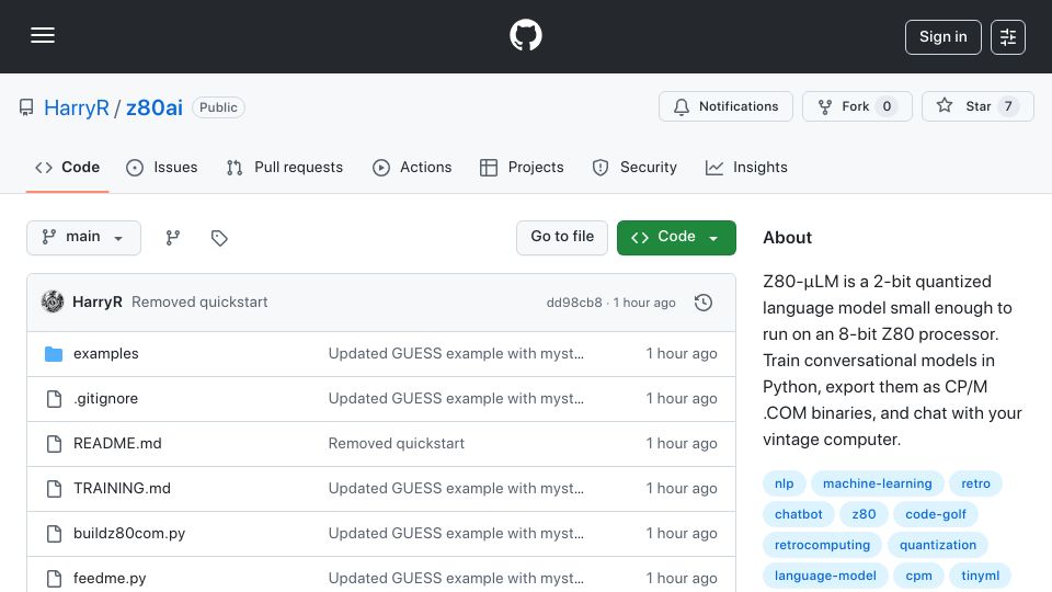 Screenshot of github.com: Show HN: Z80-μLM, a 'Conversational AI' That Fits in 40KB
