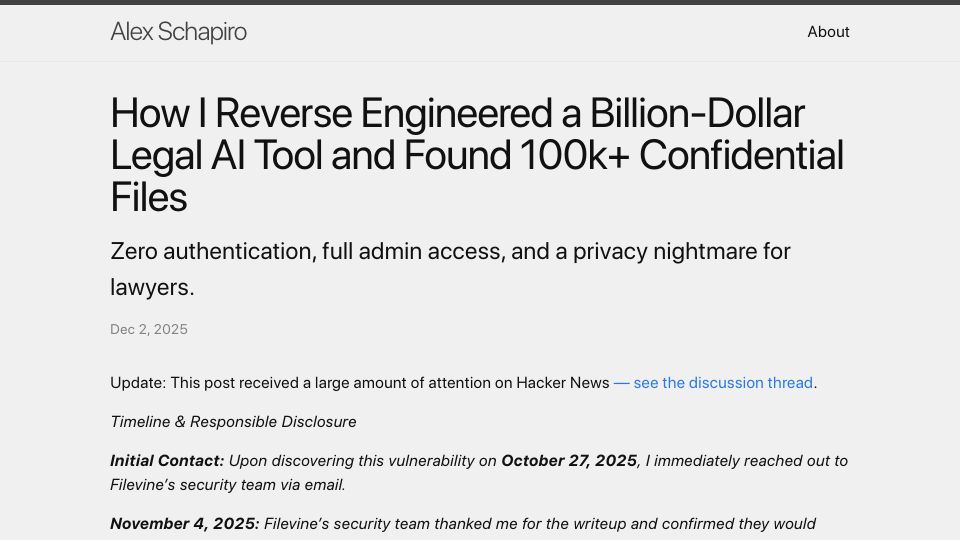Screenshot of alexschapiro.com: Reverse engineering a $1B Legal AI tool exposed 100k+ confidential files