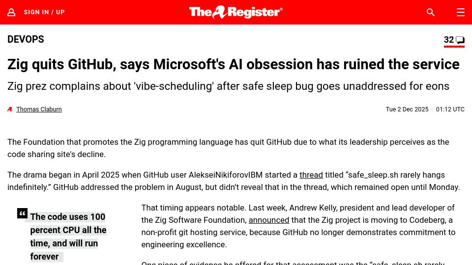 Screenshot of theregister.com: Zig quits GitHub, says Microsoft's AI obsession has ruined the service