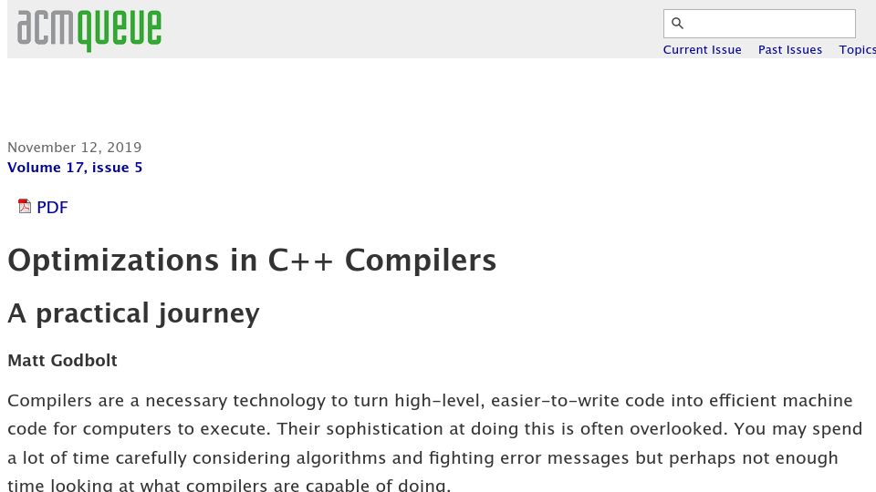 Screenshot of queue.acm.org: Optimizations in C++ compilers: a practical journey