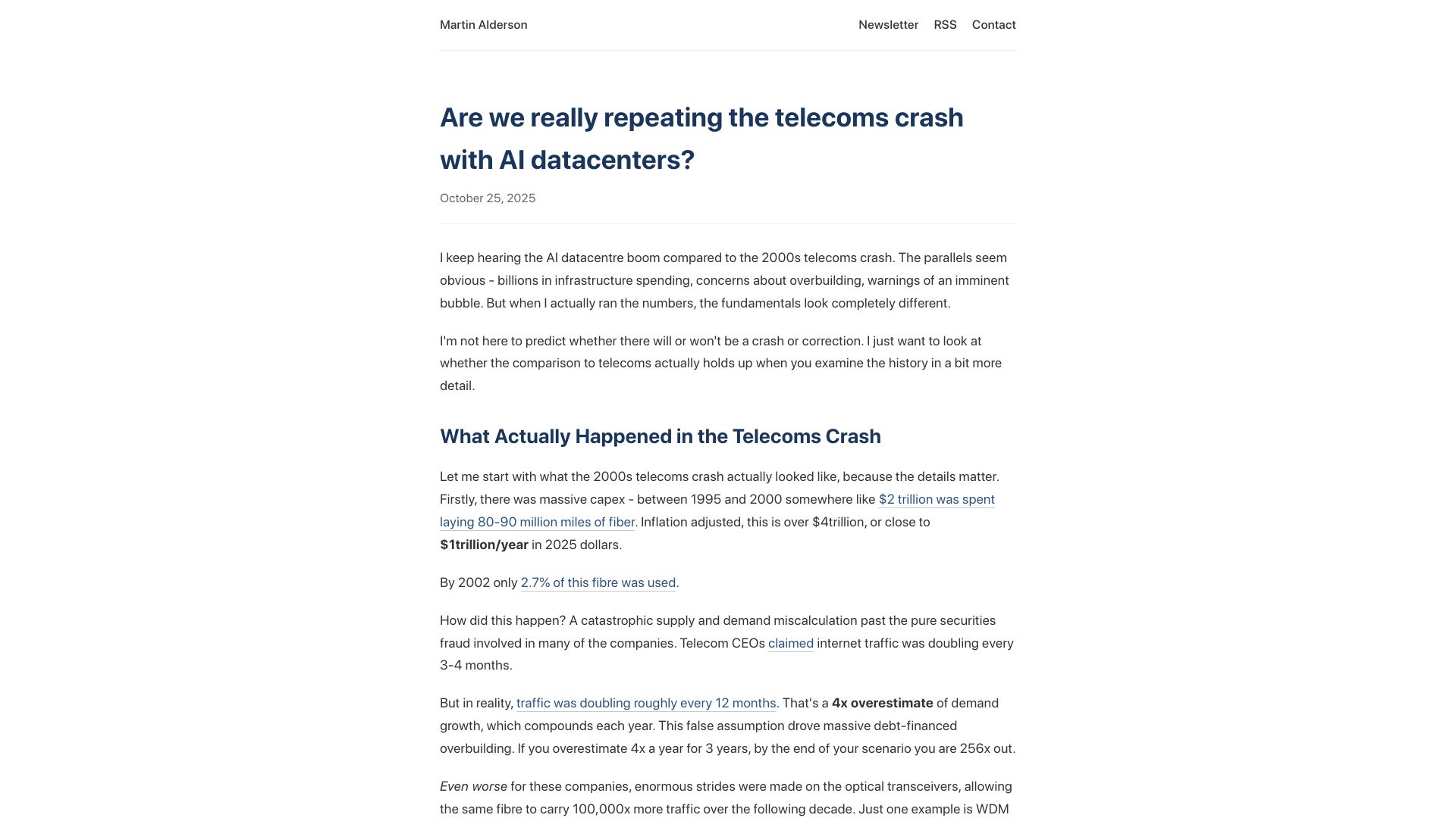 Screenshot of martinalderson.com: Are we repeating the telecoms crash with AI datacenters?