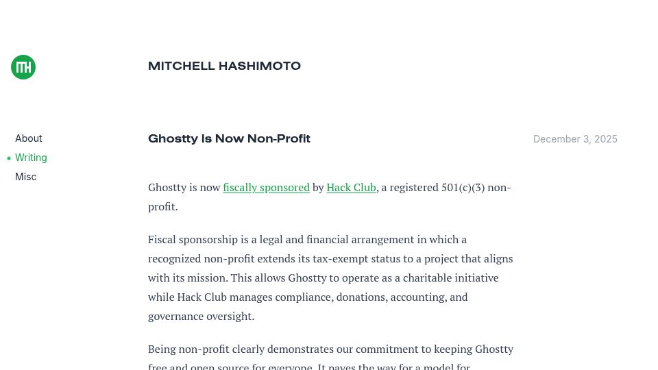Screenshot of mitchellh.com: Ghostty is now non-profit