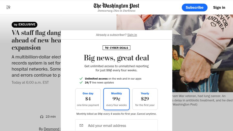 Screenshot of washingtonpost.com: VA staff flag dangerous errors in Oracle-built electronic health record