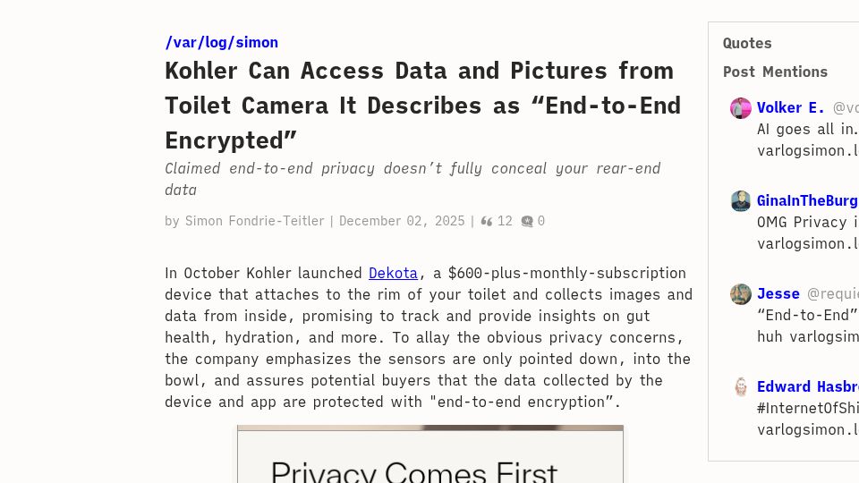 Screenshot of varlogsimon.leaflet.pub: Kohler Can Access Pictures from "End-to-End Encrypted" Toilet Camera