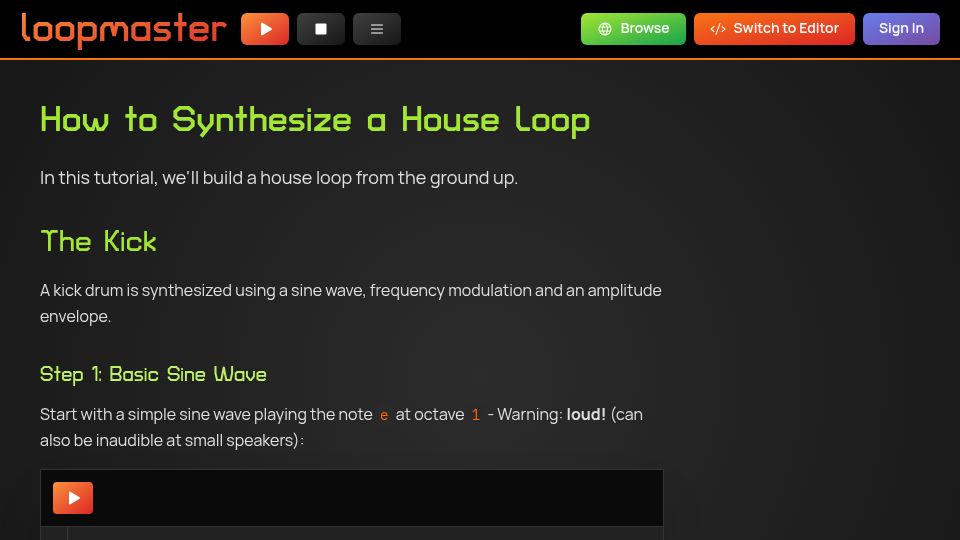 Screenshot of loopmaster.xyz: How to Synthesize a House Loop