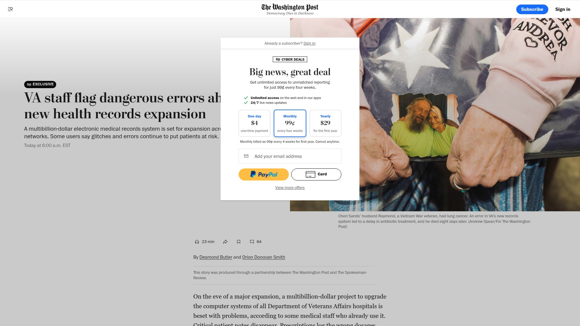 Screenshot of washingtonpost.com: VA staff flag dangerous errors in Oracle-built electronic health record