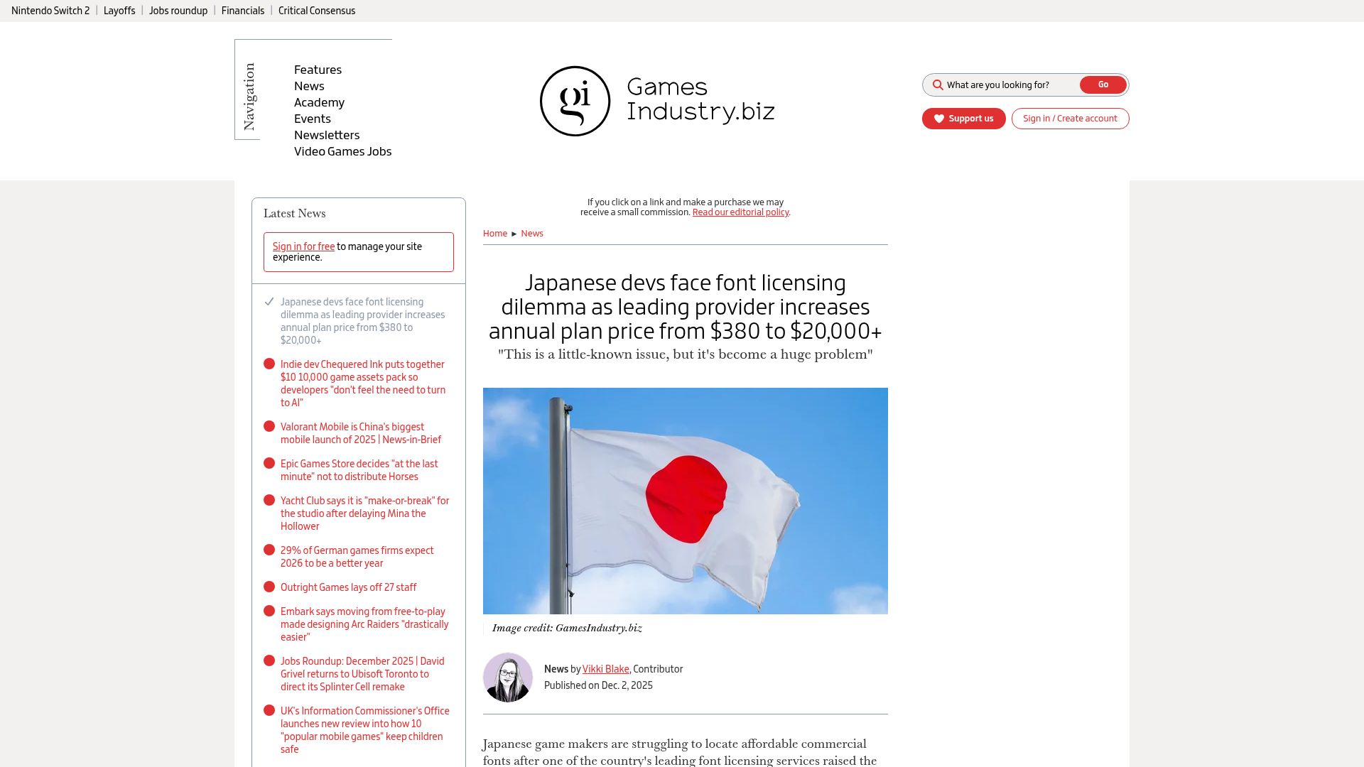 Screenshot of gamesindustry.biz: Japanese game devs face font dilemma as license increases from $380 to $20k